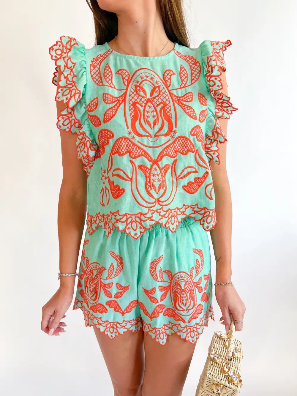 Textured Embroidered Top Button Detail