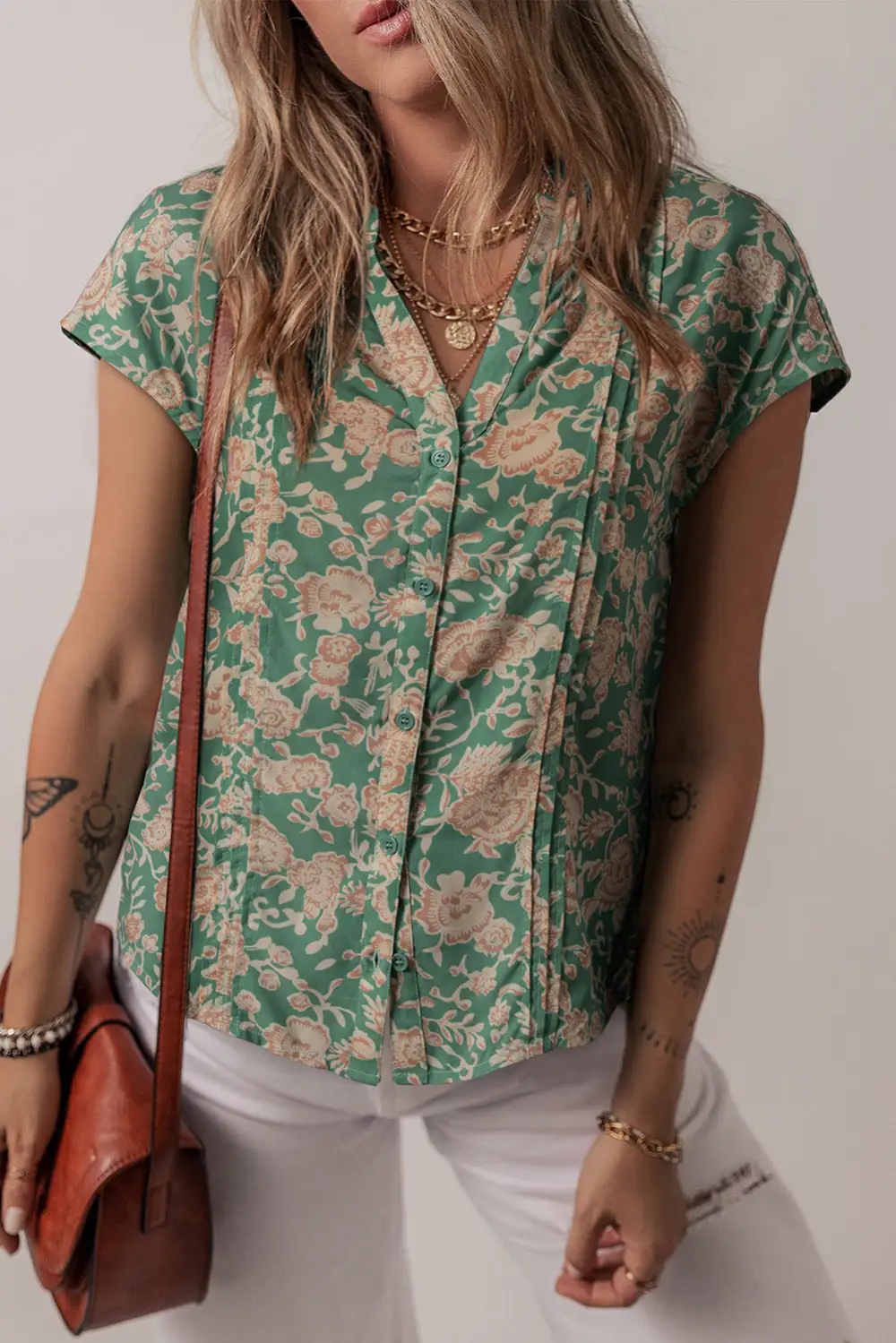 Pleated Button Front Blouse