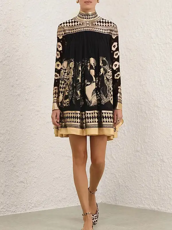 A Line Long Sleeve Bronzing Printed Split Joint Mock Neck Mini