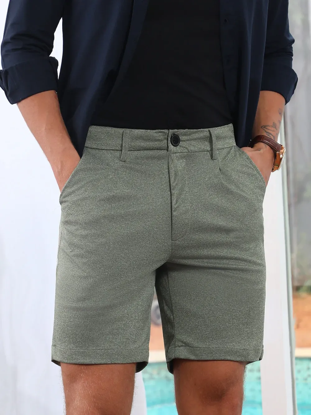 Green Mid-Rise Casual Style Shorts