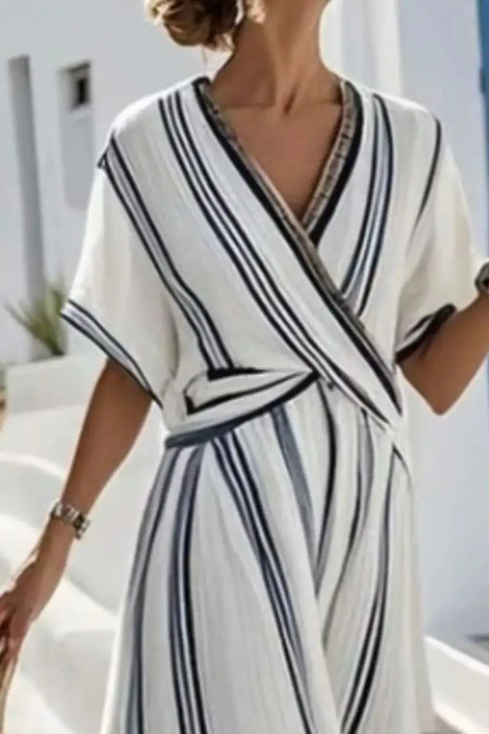 Striped Wrap Short Sleeve Maxi Dress