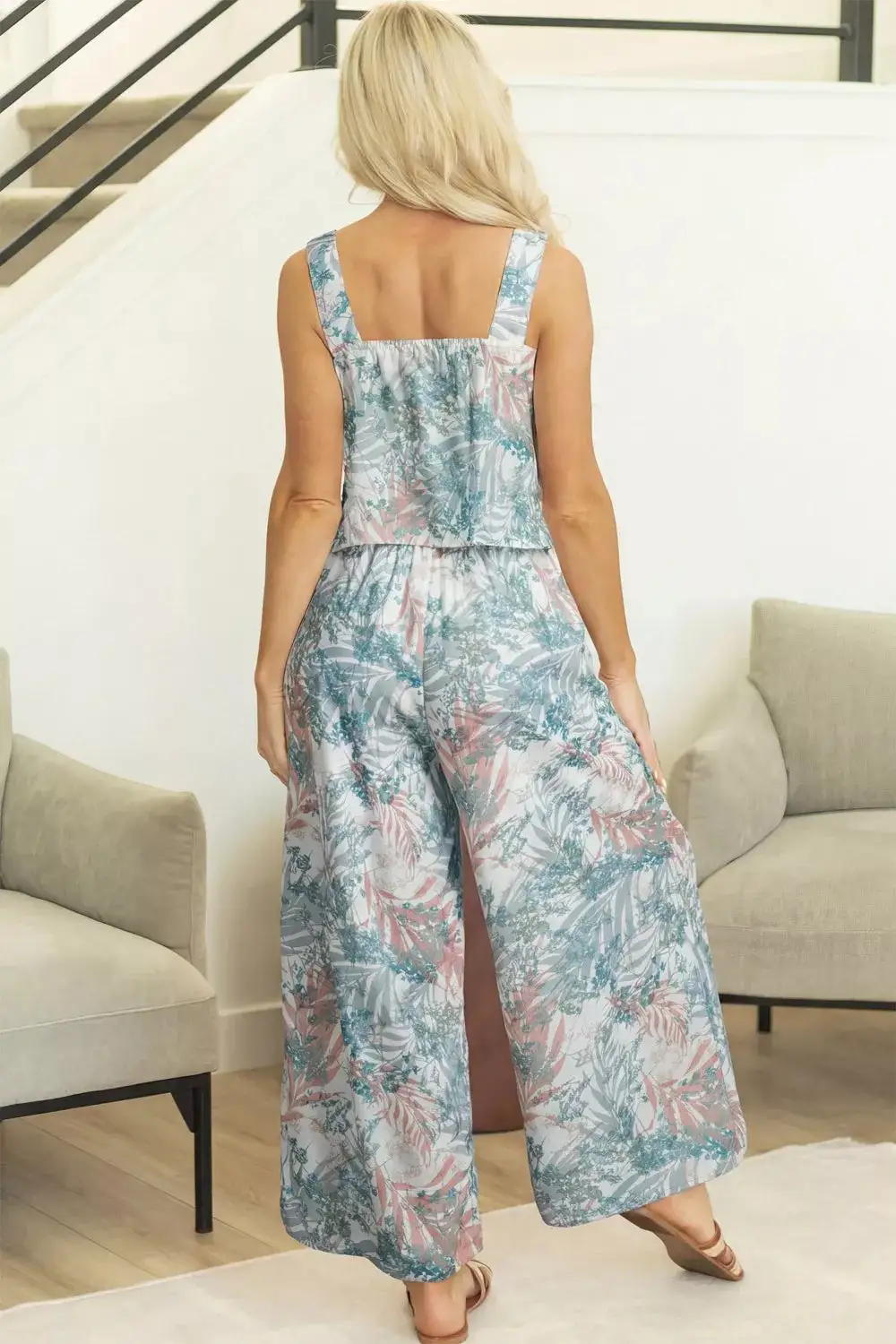 Floral Print Sleeveless Top and Wide Leg Pants Set