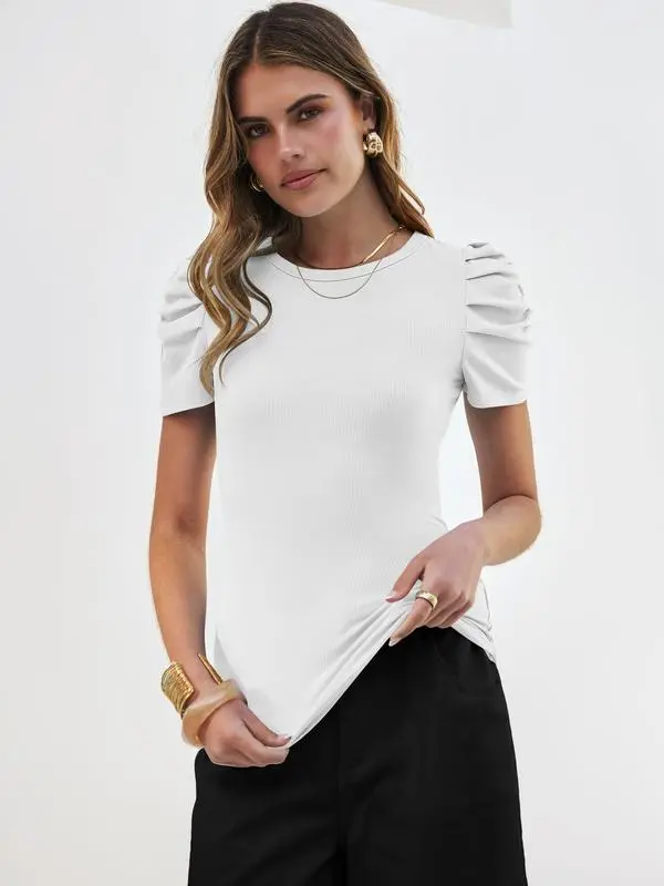 Women Puff Short Sleeve Crewneck Dressy Casual Tops