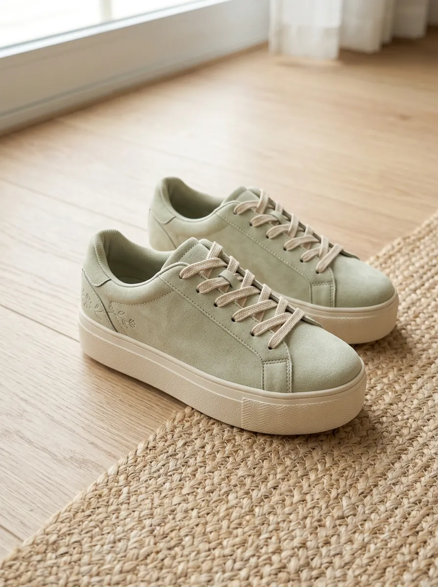 Women's Sage Green Floral Embroidered Platform Sneakers