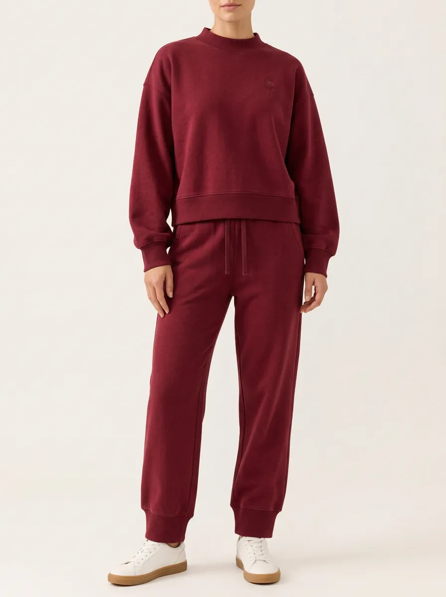 Burgundy Coordinated Sweatshirt Outfit with Rose Detail Print