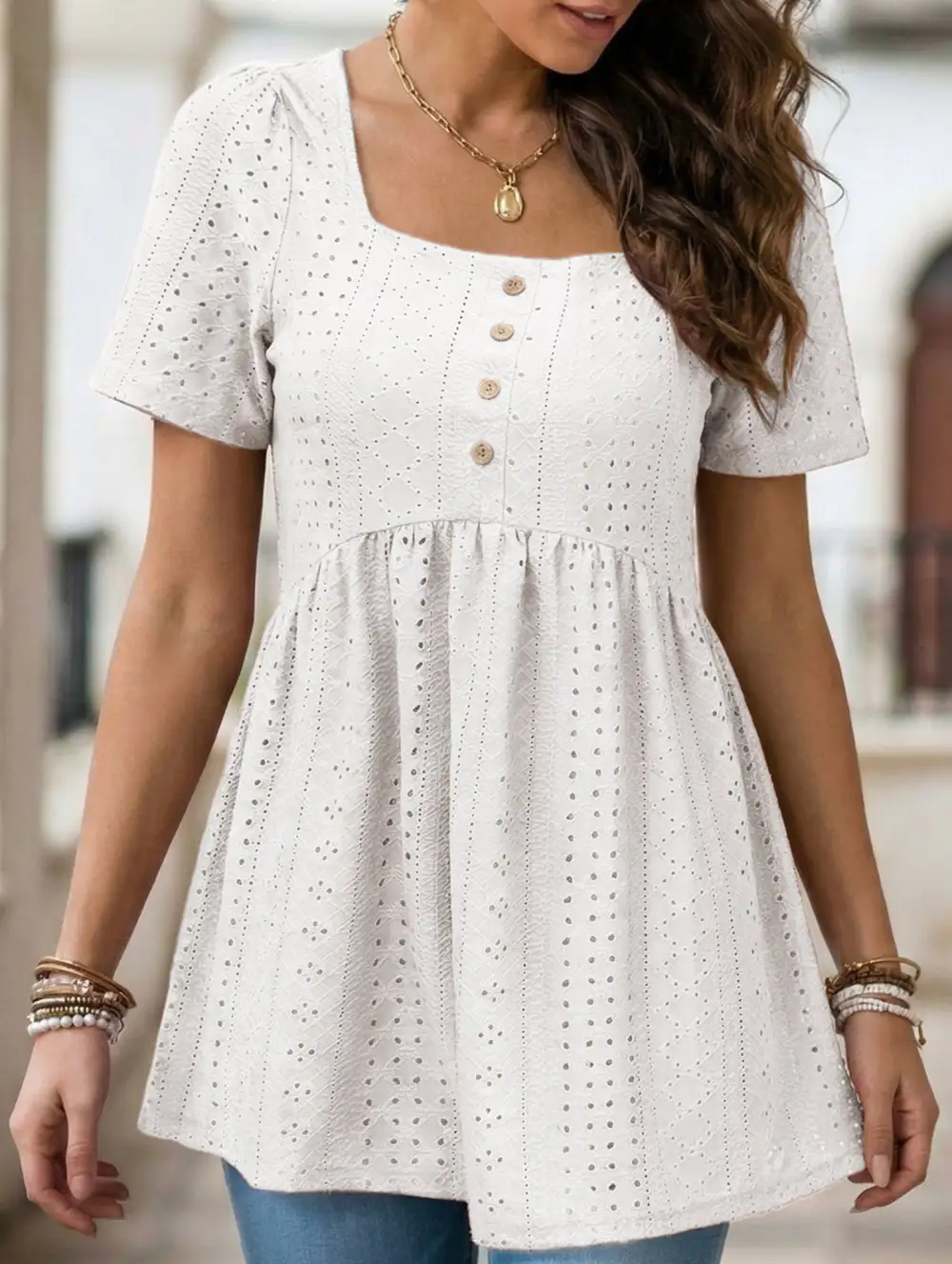 Square Neck Button Loose Tee