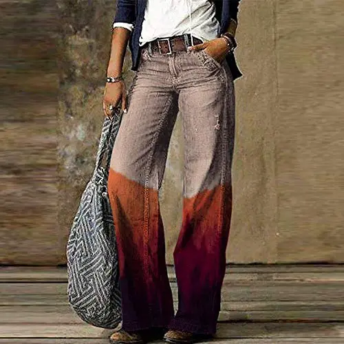 Wide Leg Denim Pants for Women, Camouflage Plaid Patchwork Print Streetwear Casual Comfort Straight Jeans Trouser