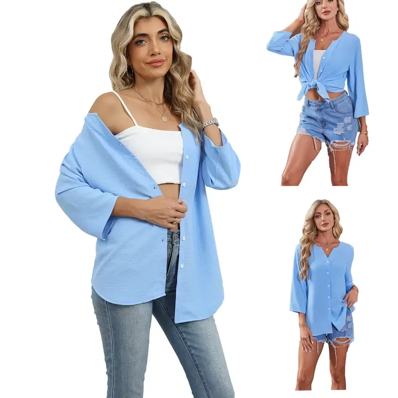 🔥 Women's 3/4 Sleeve V-Neck Button Down Blouse | Loose Fit Casual Tops