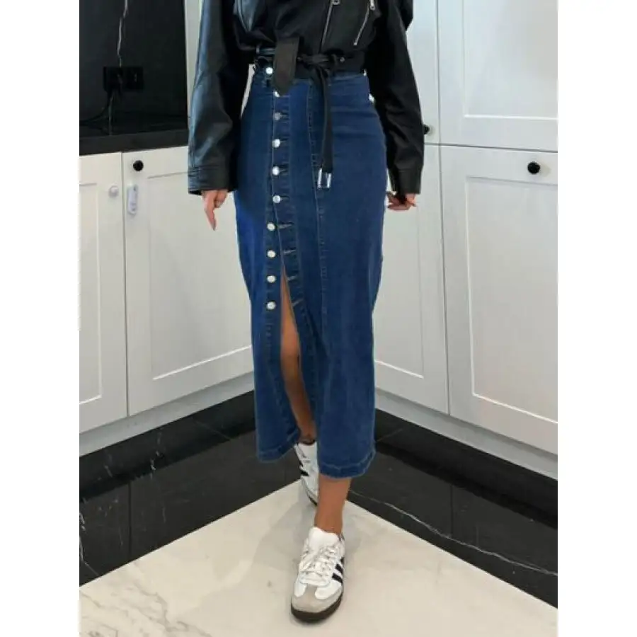 Front Button Slit Midi Denim Skirt