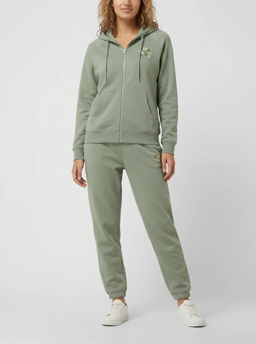 Women's Sage Green Cuffed Joggers Drawstring Hood Zip-Up Hoodie Jacket & Jogger Set