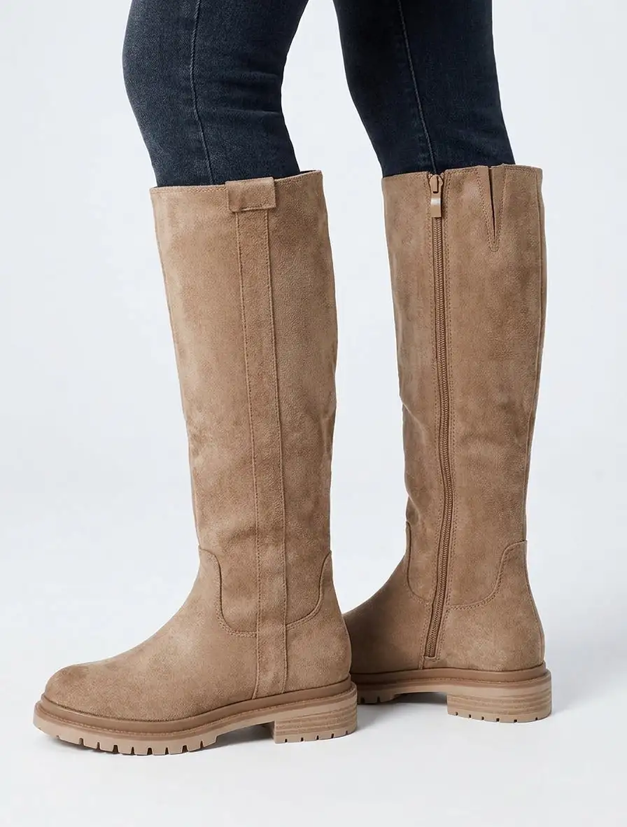 Classic Lug Sole Block Heel Faux Suede Knee High Boots