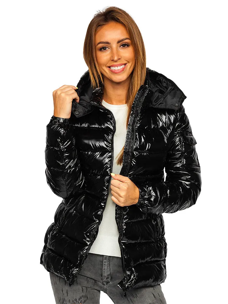 Black women's quilted winter jacket with hood