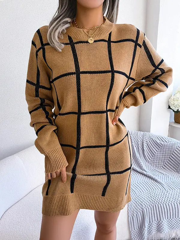 Elasticated Waist Long Sleeve Belted Contrast Color Plaid Round Neck Mini