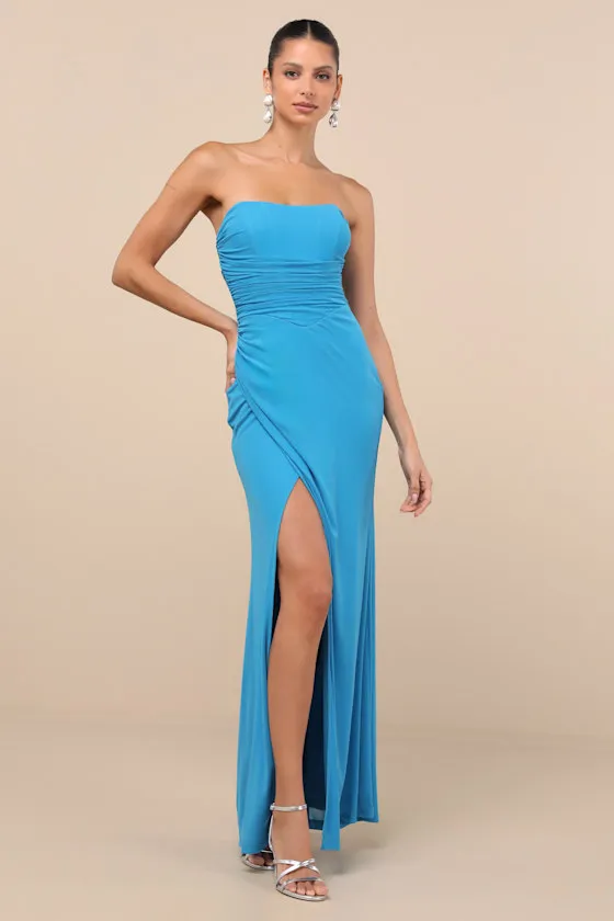 Epitome of Allure Brown Mesh Strapless Ruched Maxi Dress