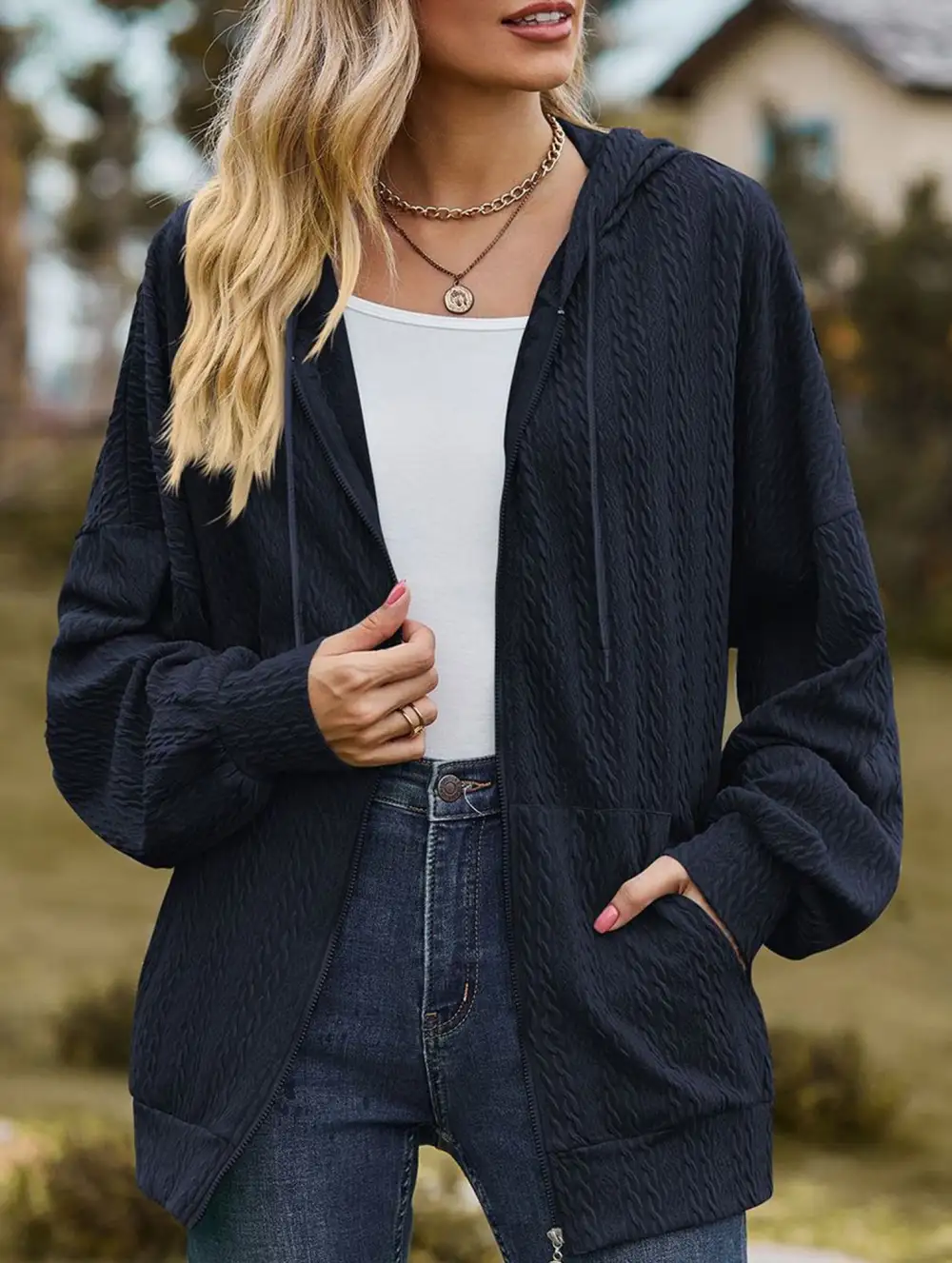 Pocket Long-Sleeved Loose Hooded Sweatshirt