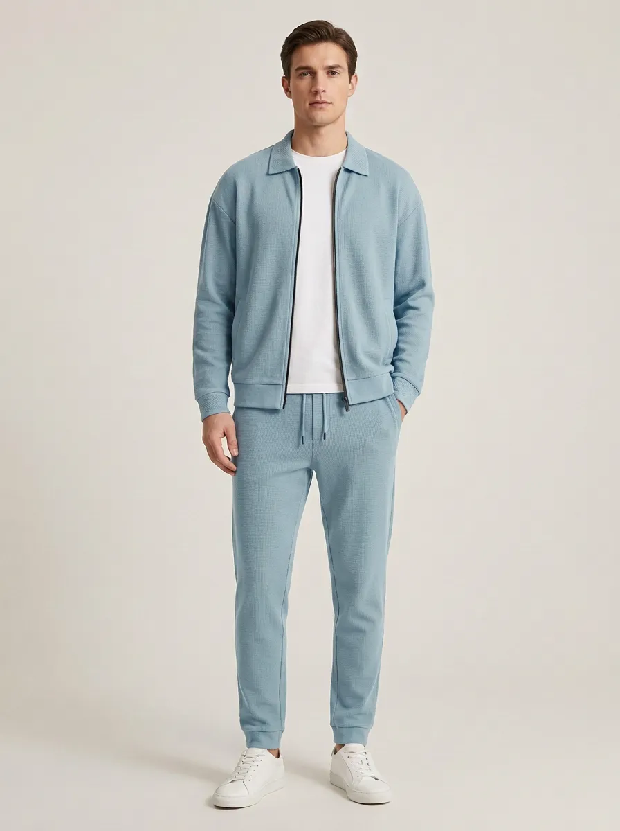 Men's Relaxed Waffle Textured Polo Collar Jacket and Jogger Pants Set