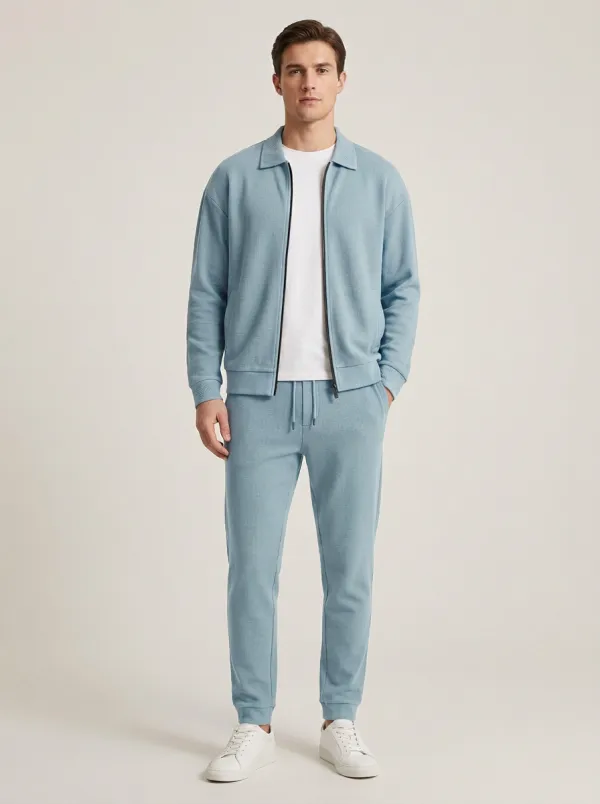 Men's Relaxed Waffle Textured Polo Collar Jacket and Jogger Pants Set