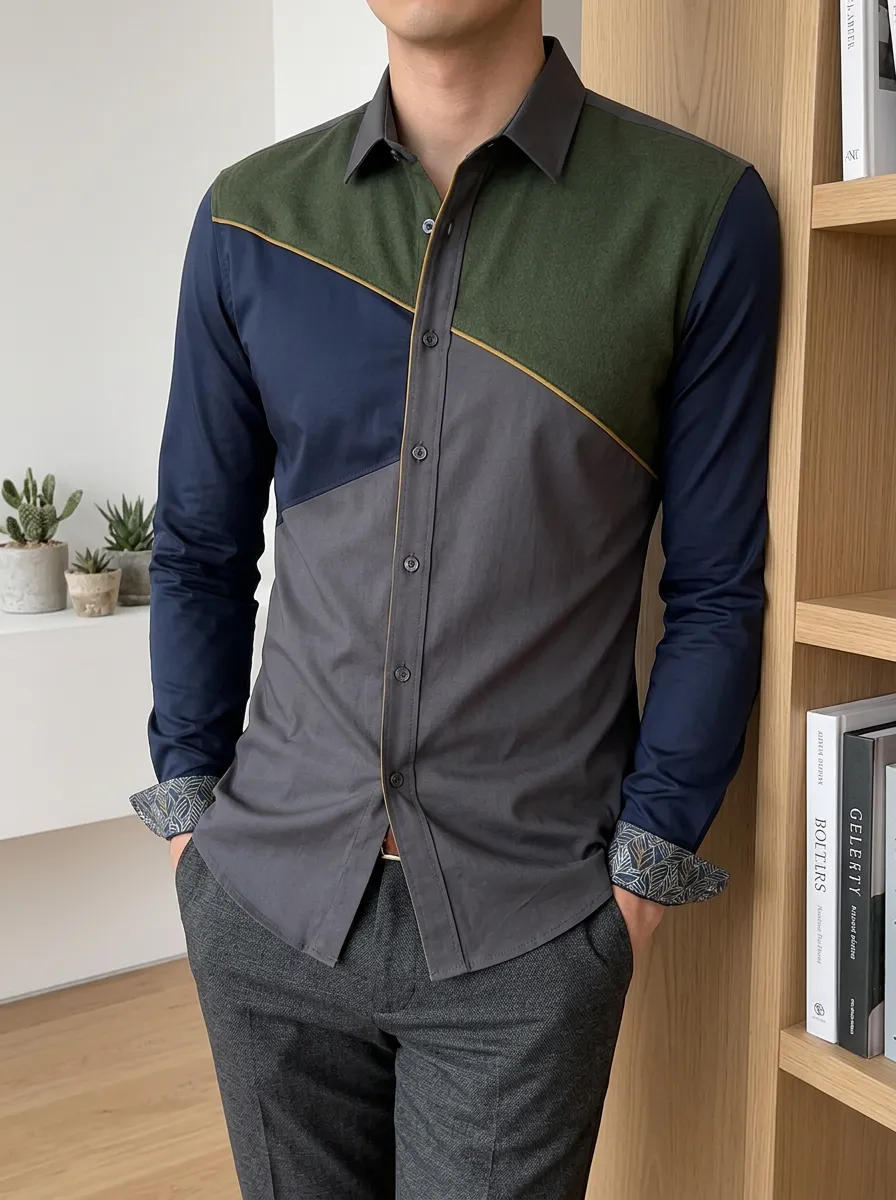 Men's Colorblock Geometric Pattern Slim Fit Button-Down Shirt