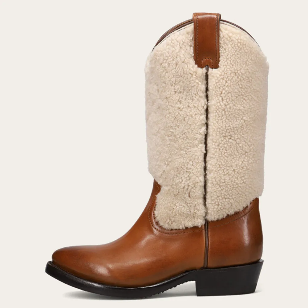 Faux-Leather Patchwork Snip-Toe Chunky-Heel Mid-Calf Boots