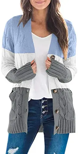 Women's Long Sleeve Cable Knit Sweater Open Front Cardigan Button Loose Outerwear
