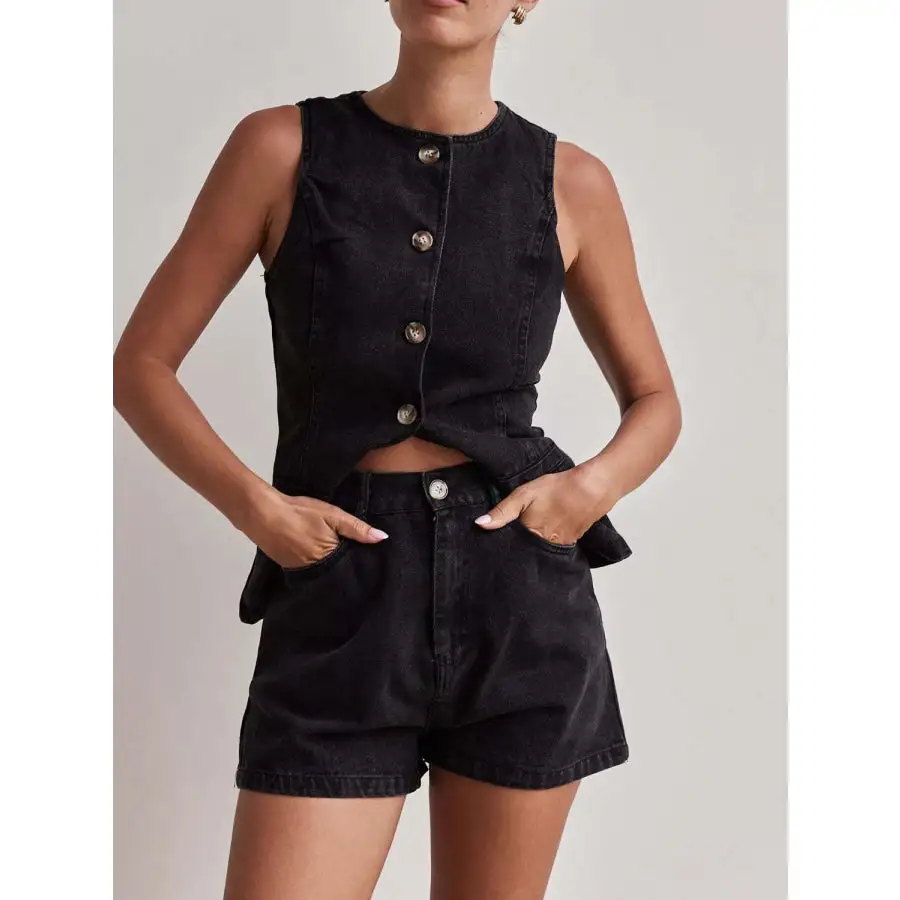 Relaxed Button Down Vest and Shorts Denim Set