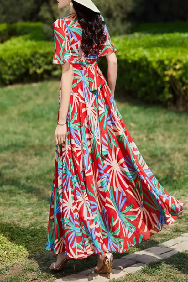 Floral Chiffon Ruffle V Neck Short Sleeve Maxi Dress