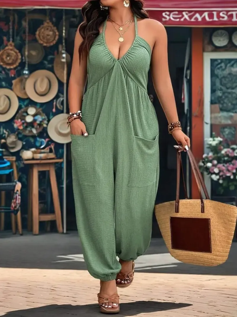 [Plus Size] Solid-Color Jumpsuit with Pockets