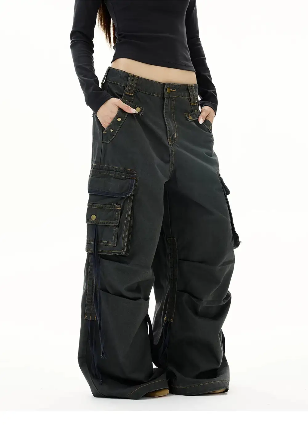 Wide-Leg Cargo-Pocket Strap-Detail Jeans
