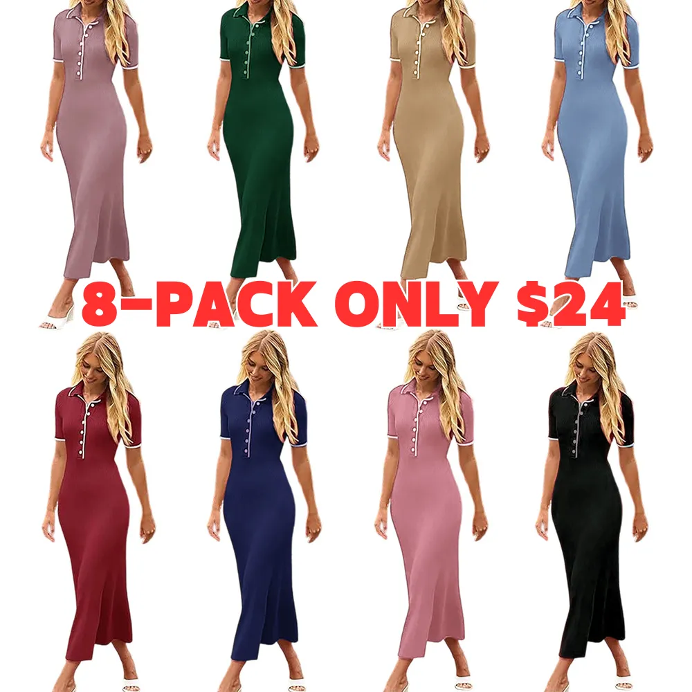 Women's V Neck Ribbed Knit Maxi Dress Button Short Sleeve Slim Fit Bodycon Sweater Dress