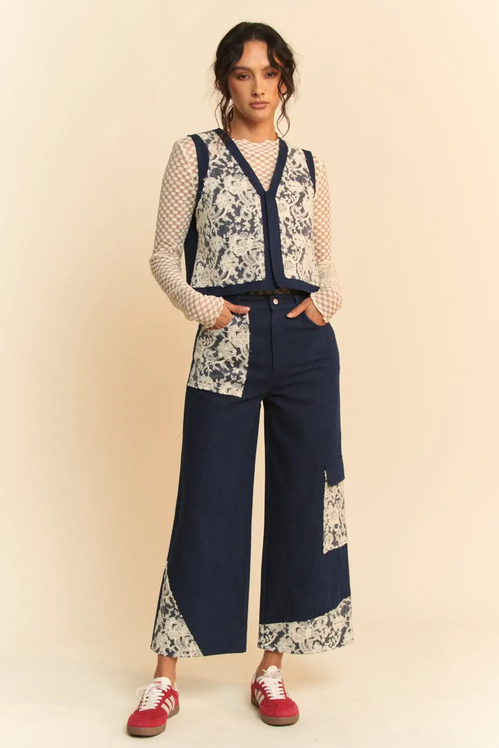 Lace Applique Wide Leg Detail Denim Jeans