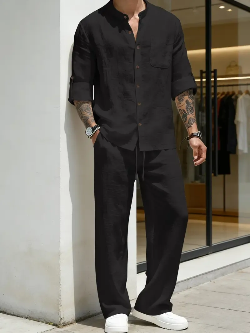 Men's Linen Stand Collar Long Sleeve Casual Suit