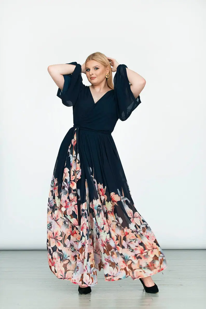 Floral Wrap-over Dress FLORENCE - Long Wedding Guest Dress - Blue Dress For Womne - Chiffon Bridesmaid Dress