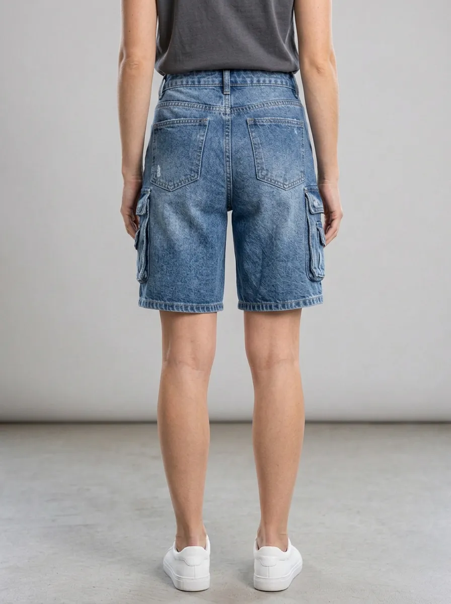 Women's Casual Style Distressed Cargo Denim Shorts