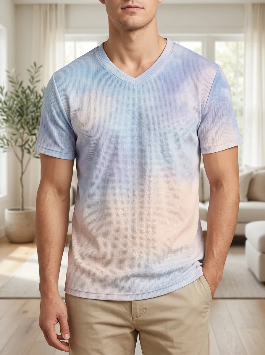 Men's Artful Pastel Tie-Dye Waffle Knit V-Neck T-Shirt