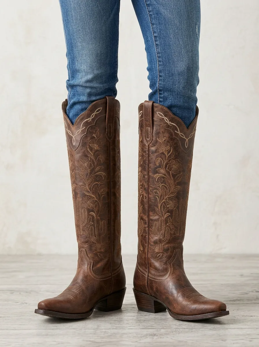 Women's Cactus Floral Embroidered Western Denim Over-the-Knee Boots