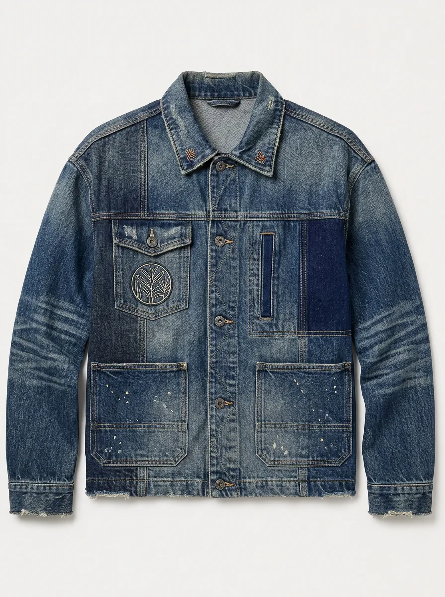 Men's Botanical Patchwork Distressed Denim Printed Jacket