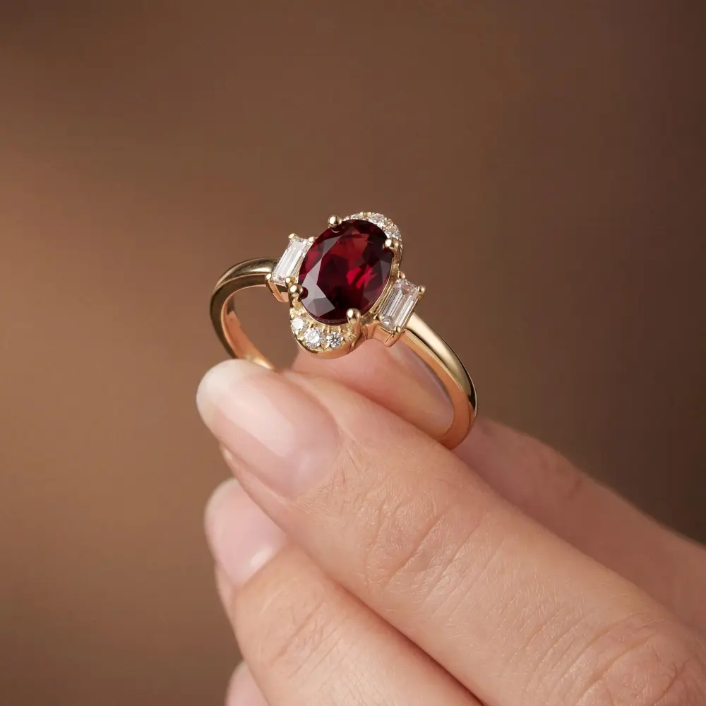 Simulated Ruby Oval Baguette Ring