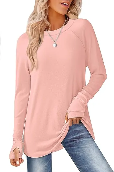 Womens Tunic Tops to Wear with Leggings Long Sleeve Thumb Hole Shirts Crew Neck Curved Hem