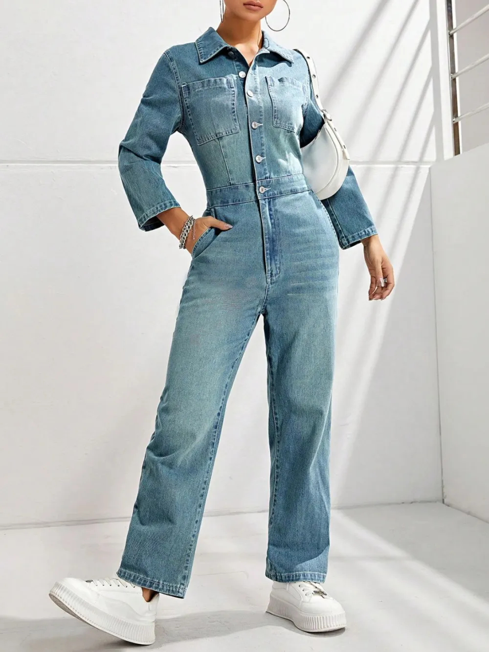 Half Button Long Sleeve Straight Leg Denim Pants