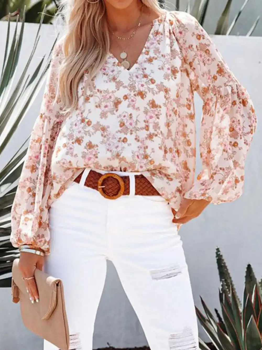 Floral Print V Neck Long Sleeve Blouse