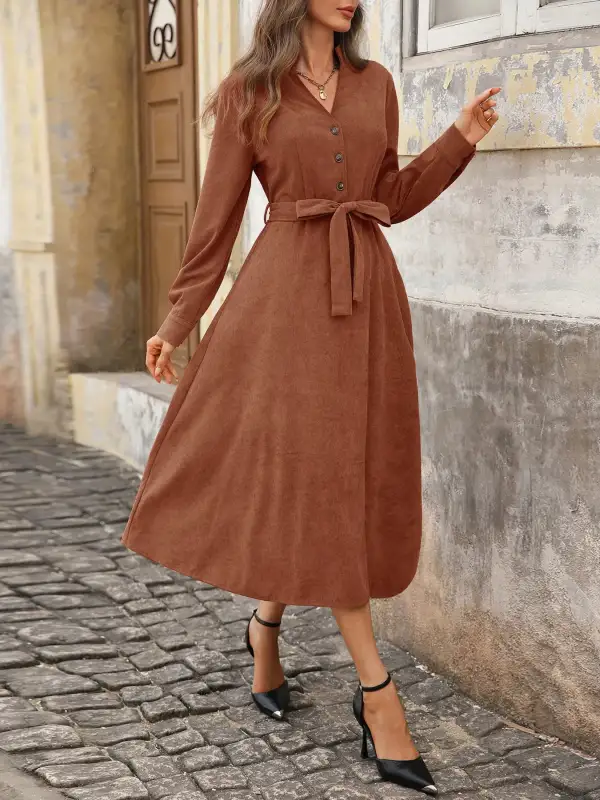 Button Front Tie Waist Long Sleeve Midi Dress