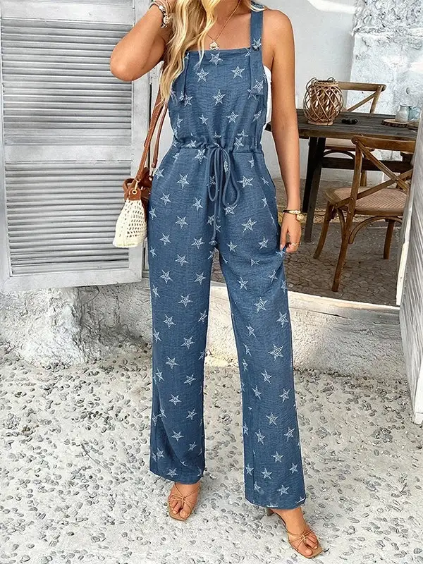 Mouwloze Jumpsuits Met Trekkoord Knoopsluiting En Bedrukte Spaghetti