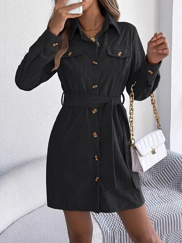 Elasticated Waist Long Sleeve Belted Buttoned Single Breasted Solid Color Lapel