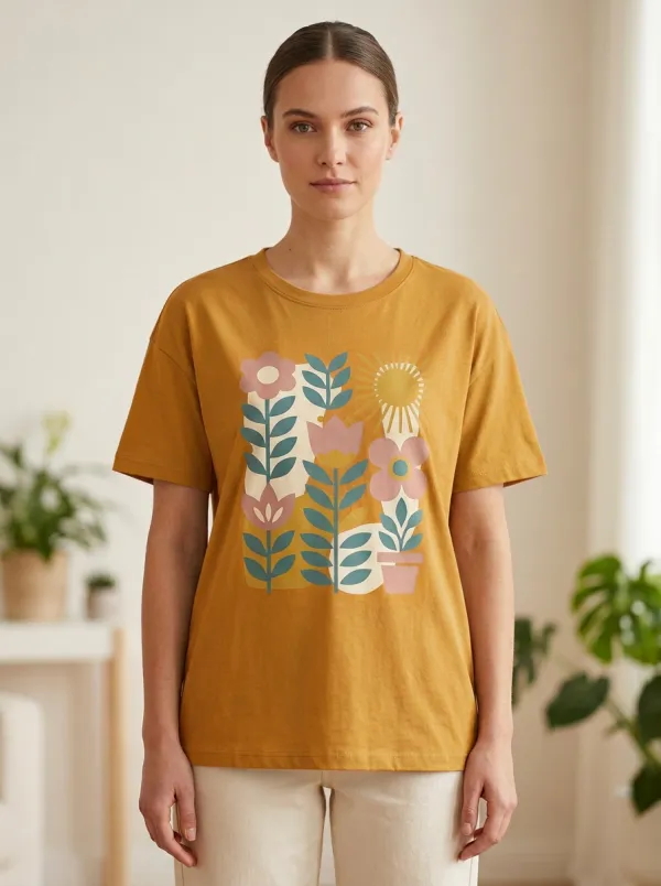 Women's Nature Floral Sun Botanical Print T-Shirt