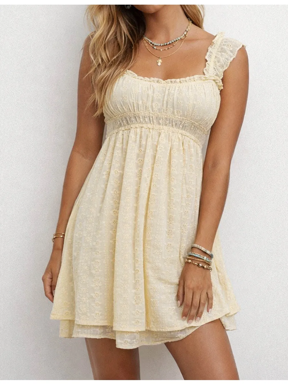 Eyelet Embroidery Square Neck Ruffle Mini Dress