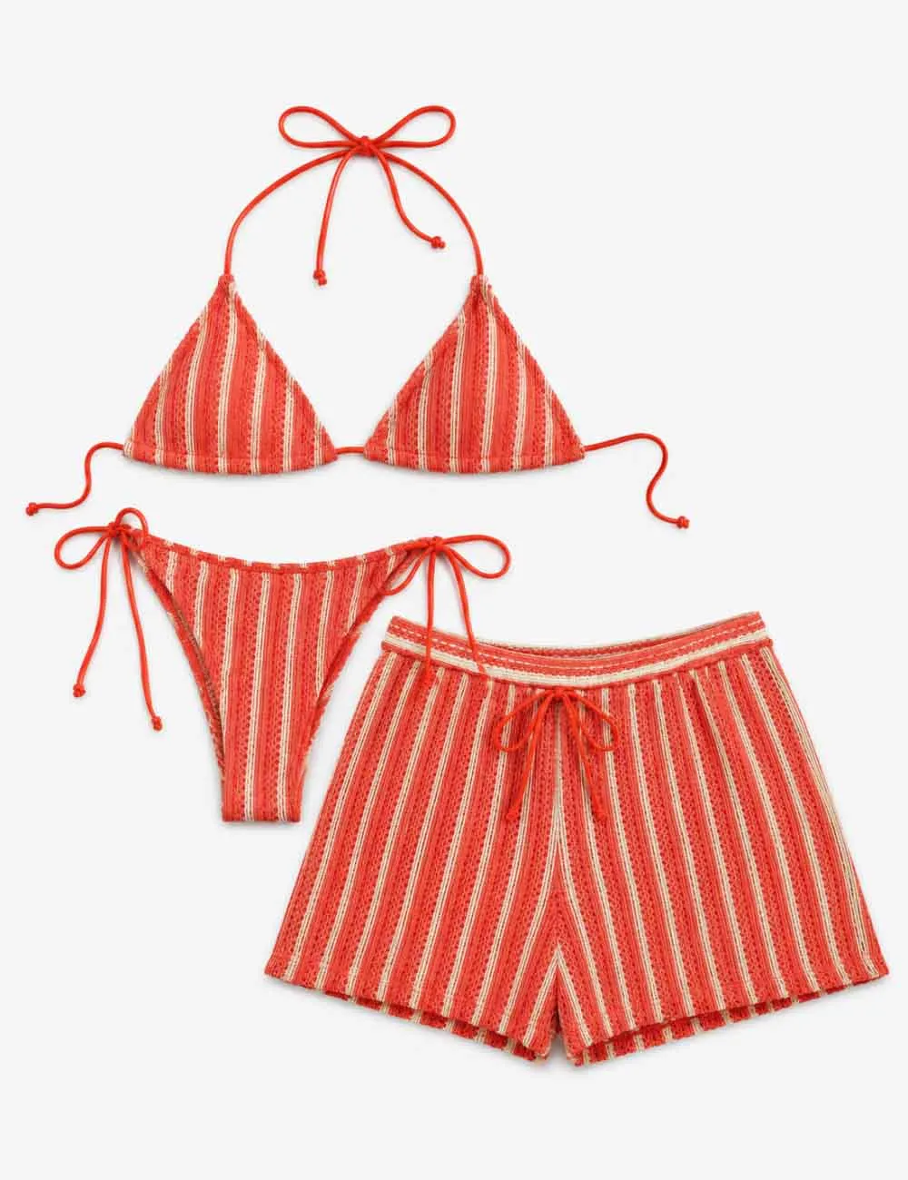 Crochet Triangle Three Piece Bikini Set with Cover Up Shorts