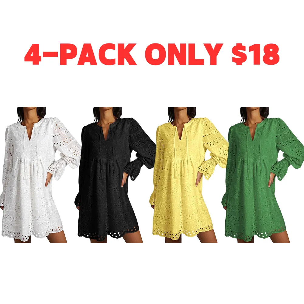 Women's 2025 Casual Dress Tassel V Neck Long Sleeve A Line Hollow Out Lace Ruffle Above Knee Dress, 100% Cotton, Comfortable Fit