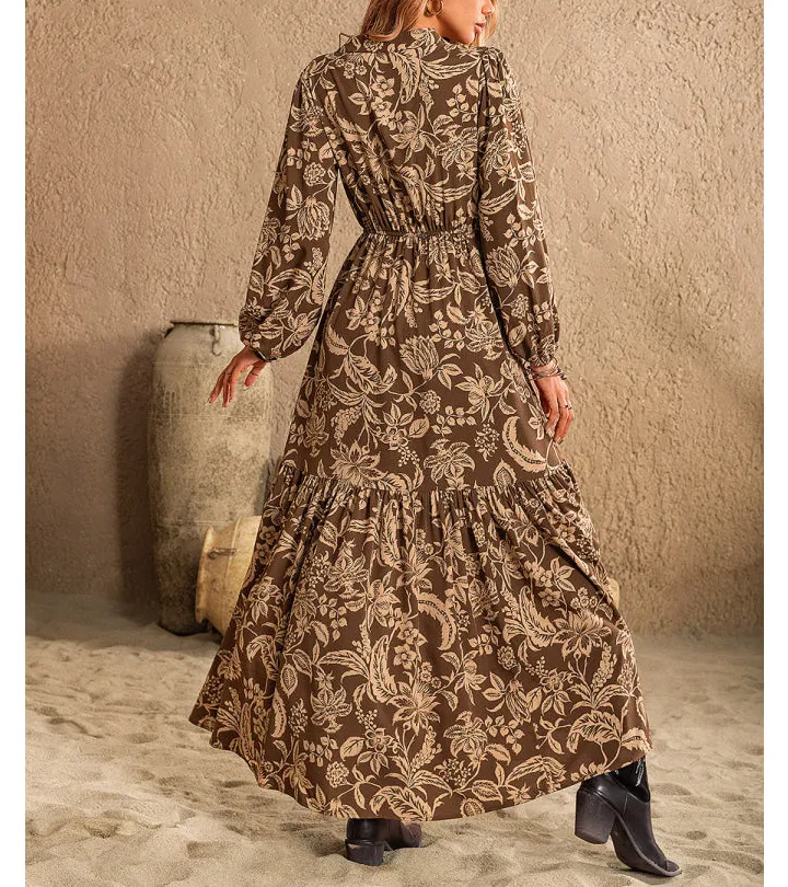 Ruched Printed Notched Long Sleeve Maxi Dress