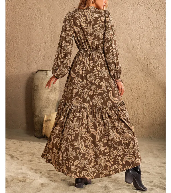 Ruched Printed Notched Long Sleeve Maxi Dress
