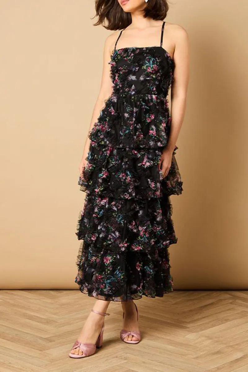 Casual Style Floral Textured Strappy Dress